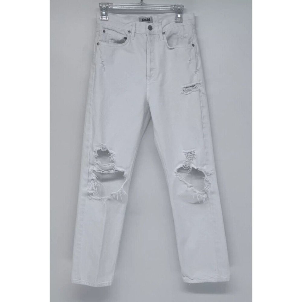 Agolde White Distressed Straight Leg Jeans